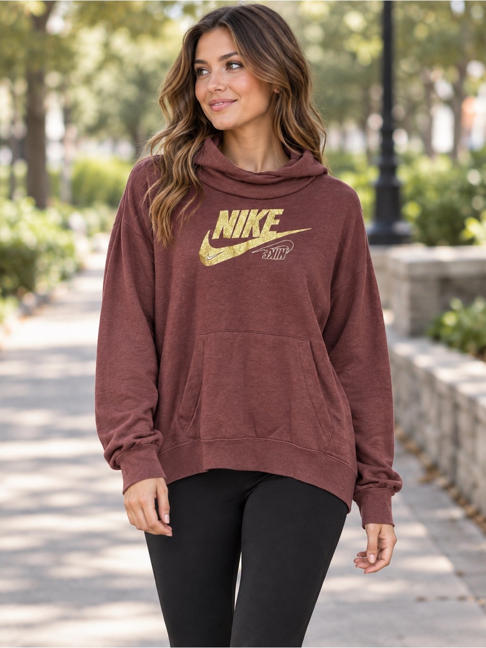 Nike Burgundy Gold Glitter Logo Pullover Hoodie – Size Large